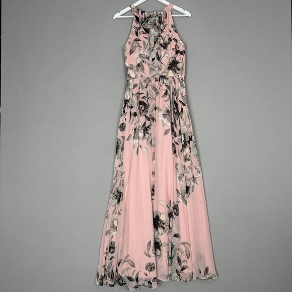 Eliza J Dress Womens 10 Pink Floral Belted Chiffon Halter Maxi Wedding Guest - Picture 6 of 15